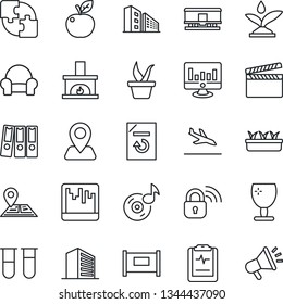 Thin Line Icon Set - fence vector, arrival, office building, statistic monitor, document reload, seedling, blood test vial, pulse clipboard, navigation, fragile, railroad, clapboard, scanner, music