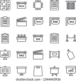 Thin Line Icon Set - fence vector, flight table, presentation board, meeting, clipboard, clapboard, sale, rooms, sold signboard, cutting, chip