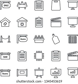 Thin Line Icon Set - fence vector, flight table, presentation board, meeting, clipboard, clapboard, sale, rooms, sold signboard, smart home, cutting, chip