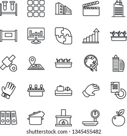 Thin Line Icon Set - fence vector, baggage conveyor, plane globe, growth statistic, monitor, document reload, glove, seedling, blood test vial, navigation, satellite, heavy scales, clapboard, menu