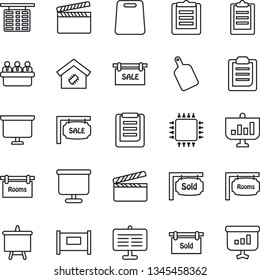 Thin Line Icon Set - fence vector, flight table, presentation board, meeting, clipboard, clapboard, sale, rooms, sold signboard, smart home, cutting, chip