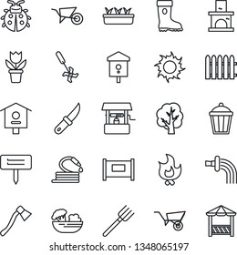 Thin Line Icon Set - fence vector, flower in pot, farm fork, tree, wheelbarrow, watering, boot, lady bug, fire, seedling, sun, well, hose, garden knife, axe, plant label, light, fireplace, ripper