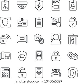 Thin Line Icon Set - fence vector, security gate, lock, identity card, chain, protect, sd, face id, estate insurance, vip zone, wireless, intercome, home control app, combination, pass, surveillance