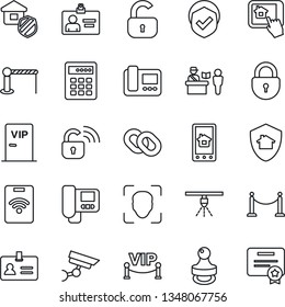 Thin Line Icon Set - fence vector, barrier, passport control, identity, lock, card, shield, chain, face id, stamp, estate insurance, vip zone, wireless, intercome, home app, protect, combination