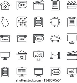 Thin Line Icon Set - fence vector, presentation board, meeting, clipboard, clapboard, sale, rooms, sold signboard, smart home, cutting, chip