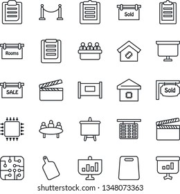 Thin Line Icon Set - fence vector, flight table, presentation board, meeting, clipboard, clapboard, sale, rooms, sold signboard, smart home, cutting, chip