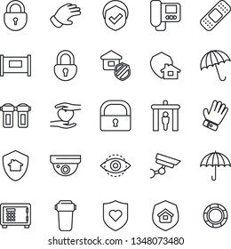 Thin Line Icon Set - fence vector, security gate, umbrella, safe, lock, glove, patch, heart shield, hand, eye id, estate insurance, intercome, water filter, home protect, surveillance
