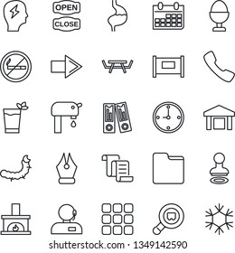 Thin Line Icon Set - fence vector, no smoking, stamp, right arrow, contract, office binder, brainstorm, calendar, caterpillar, picnic table, stomach, warehouse, search cargo, call, menu, folder