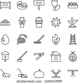 Thin Line Icon Set - fence vector, flower in pot, rake, ladder, bucket, pruner, lawn mower, lady bug, fire, house, seedling, water drop, sun, hose, hoe, plant label, pumpkin, greenhouse, bird, tulip