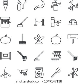 Thin Line Icon Set - fence vector, farm fork, rake, wheelbarrow, well, hoe, sickle, plant label, pumpkin, greenhouse, garden sprayer, fertilizer, drip irrigation, windmill