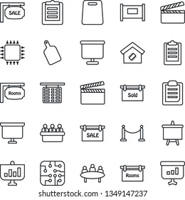 Thin Line Icon Set - fence vector, flight table, presentation board, meeting, clipboard, clapboard, sale, rooms, sold signboard, smart home, cutting, chip