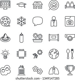 Thin Line Icon Set - fence vector, spoon and fork, gear, graduate, monitor pulse, lungs, earth, store, reel, message, photo gallery, estate search, flower in pot, city house, waiter, salt pepper