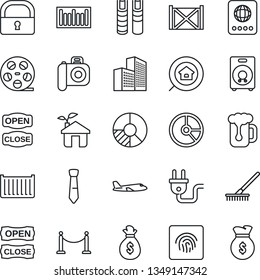 Thin Line Icon Set - fence vector, passport, plane, circle chart, rake, cargo container, barcode, reel, camera, speaker, lock, fingerprint id, office building, tie, book, estate search, beer