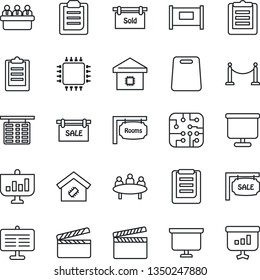 Thin Line Icon Set - fence vector, flight table, presentation board, meeting, clipboard, clapboard, sale, rooms, sold signboard, smart home, cutting, chip