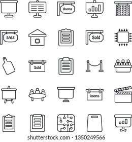Thin Line Icon Set - fence vector, flight table, presentation board, meeting, clipboard, clapboard, sale, rooms, sold signboard, smart home, cutting, chip