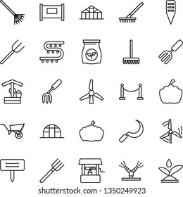 Thin Line Icon Set - fence vector, garden fork, farm, rake, wheelbarrow, well, sickle, plant label, pumpkin, greenhouse, fertilizer, drip irrigation, windmill