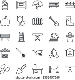 Thin Line Icon Set - fence vector, job, trowel, ripper, rake, ladder, wheelbarrow, bucket, boot, seedling, water drop, hose, bench, pumpkin, fireplace, seeds, picnic table, bird house, tulip, alcove