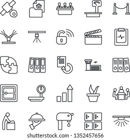 Thin Line Icon Set - fence vector, baby room, airport building, checkroom, growth statistic, document reload, seedling, pulse clipboard, satellite, heavy scales, clapboard, scanner, application