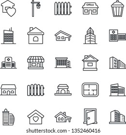 Thin Line Icon Set - Fence Vector, House, Garden Light, Hospital, Store, Office Building, With Garage, Plan, Sweet Home, City, Cafe, Door