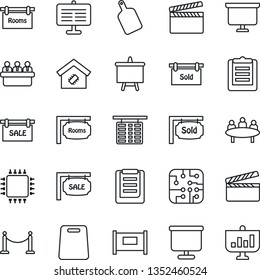 Thin Line Icon Set - fence vector, flight table, presentation board, meeting, clipboard, clapboard, sale, rooms, sold signboard, smart home, cutting, chip