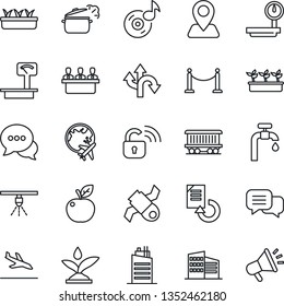 Thin Line Icon Set - fence vector, arrival, plane globe, document reload, seedling, route, navigation, railroad, satellite, heavy scales, dialog, music, meeting, water supply, office building