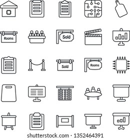 Thin Line Icon Set - fence vector, flight table, presentation board, meeting, clipboard, clapboard, rooms, sold signboard, smart home, cutting, chip