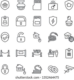 Thin Line Icon Set - fence vector, passport control, bomb in case, hose, shield, chain, protect, sd, lock, identity card, stamp, estate insurance, vip zone, home, pass, surveillance