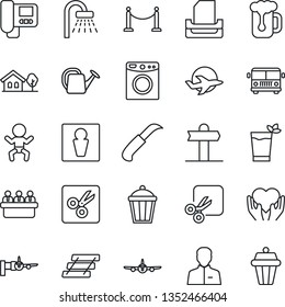 Thin Line Icon Set - fence vector, airport bus, male, baby, shower, plane, boarding, meeting, watering can, garden knife, light, heart hand, signpost, user, cut, paper tray, house with tree, beer