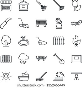 Thin Line Icon Set - fence vector, job, rake, tree, lawn mower, fire, house, sun, rain, hose, garden knife, bench, caterpillar, pond, picnic table, tulip, flower in pot, salad, alcove, sprinkler