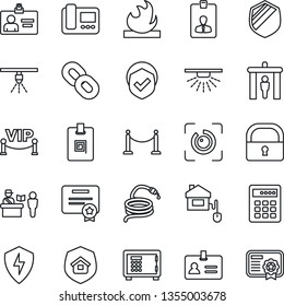Thin Line Icon Set - fence vector, passport control, security gate, identity, safe, card, hose, shield, flammable, chain, protect, lock, eye id, estate insurance, vip zone, home, intercome