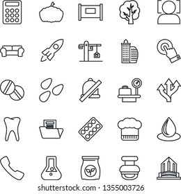 Thin Line Icon Set - fence vector, luggage scales, tree, water drop, pumpkin, seeds, fertilizer, pills, blister, tooth, route, touch screen, call, mute, face id, document folder, calculator, stamp