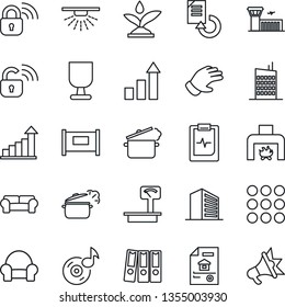 Thin Line Icon Set - fence vector, airport building, office, growth statistic, document reload, glove, pulse clipboard, fragile, heavy scales, menu, music, paper binder, estate, cushioned furniture