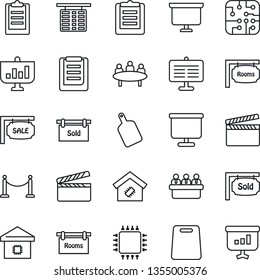 Thin Line Icon Set - fence vector, flight table, presentation board, meeting, clipboard, clapboard, sale, rooms, sold signboard, smart home, cutting, chip