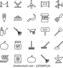 Thin Line Icon Set - fence vector, garden fork, farm, rake, wheelbarrow, well, hoe, sickle, plant label, pumpkin, greenhouse, sprayer, fertilizer, drip irrigation, windmill