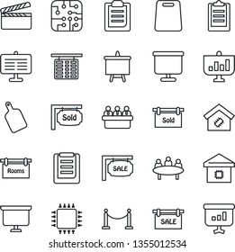 Thin Line Icon Set - fence vector, flight table, presentation board, meeting, clipboard, clapboard, sale, rooms, sold signboard, smart home, cutting, chip