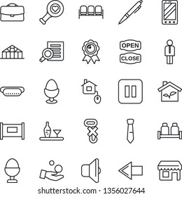 Thin Line Icon Set - fence vector, waiting area, left arrow, manager, mobile phone, medal, document search, greenhouse, heart diagnostic, no hook, pause button, case, tie, pen, alcohol, egg stand