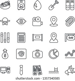 Thin Line Icon Set - fence vector, book, office binder, shovel, water drop, navigation, route, camera, settings, speaker, place tag, eye id, fingerprint, video, paper clip, pie graph, point, tie, pc
