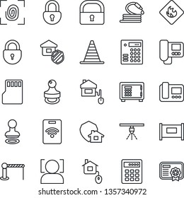 Thin Line Icon Set - fence vector, barrier, stamp, border cone, safe, lock, hose, flammable, sd, face id, estate insurance, home control, fingerprint, intercome, protect, combination, pass card