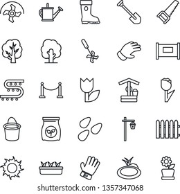 Thin Line Icon Set - fence vector, job, ripper, tree, watering can, bucket, glove, boot, saw, seedling, sun, well, garden light, seeds, pond, fertilizer, drip irrigation, tulip, flower in pot
