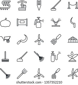 Thin Line Icon Set - fence vector, garden fork, farm, rake, wheelbarrow, well, hoe, sickle, plant label, pumpkin, greenhouse, sprayer, drip irrigation, windmill