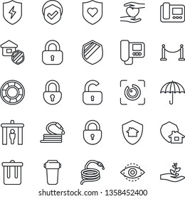 Thin Line Icon Set - fence vector, security gate, trash bin, lock, hose, heart shield, hand, umbrella, protect, eye id, estate insurance, intercome, water filter, home, crisis management