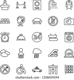 Thin Line Icon Set - fence vector, taxi, spoon and fork, 24 around, security gate, train, alarm clock, no mobile, signpost, waiting area, car, reception bell, disabled, ticket office, passport