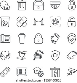 Thin Line Icon Set - fence vector, security gate, trash bin, safe, glove, hose, patch, heart hand, shield, lock, eye id, estate insurance, intercome, water filter, home protect, surveillance