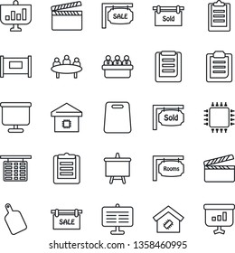 Thin Line Icon Set - fence vector, flight table, presentation board, meeting, clipboard, clapboard, sale, rooms, sold signboard, smart home, cutting, chip
