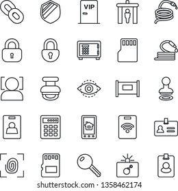 Thin Line Icon Set - fence vector, security gate, bomb in case, identity, stamp, safe, hose, shield, chain, sd, lock, face id, eye, card, key, vip zone, fingerprint, home control app, combination