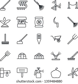 Thin Line Icon Set - fence vector, farm fork, rake, wheelbarrow, well, hoe, sickle, plant label, pumpkin, greenhouse, garden sprayer, fertilizer, drip irrigation, windmill