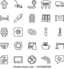 Thin Line Icon Set - fence vector, barrier, pen, factory, stamp, watering, lawn mower, diagnosis, traffic light, car delivery, heavy scales, tv, chain, battery, fingerprint id, document folder, tie