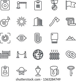 Thin Line Icon Set - fence vector, barrier, sun, office building, pennant, medal, axe, cargo container, chain, speaker, eye id, music, paper clip, identity card, mountains, heater, beer, dress code
