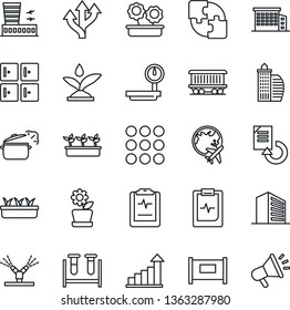 Thin Line Icon Set - fence vector, plane globe, airport building, checkroom, office, growth statistic, document reload, seedling, blood test vial, pulse clipboard, route, railroad, heavy scales
