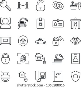 Thin Line Icon Set - fence vector, passport control, security gate, alarm car, identity, lock, hose, chain, face id, eye, card, stamp, key, estate insurance, vip zone, home, fingerprint, wireless